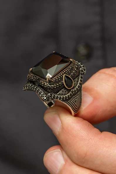 Dikgörtgen Siyah Taşlı 925 Gümüş Erkek Yüzük - 5