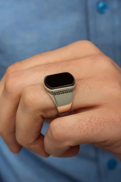 Siyah Oniks Taşlı Grek Desenli 925 Gümüş Erkek Yüzük - Resim 3