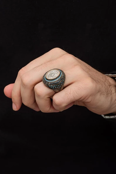 La Galibe İllallah YazılıMavi Taşlı 925 Gümüş Erkek Yüzük - Resim 3