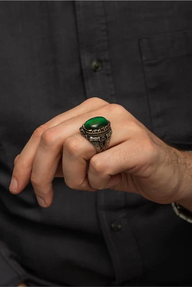 Yeşil Kaplan Gözü Taşlı 925 Gümüş Erkek Yüzük - Resim 3