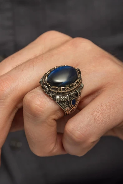 Mavi Kaplan Gözü Taşlı 925 Gümüş Erkek Yüzük ürün görseli