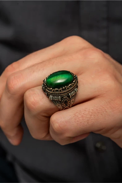 Yeşil Kaplan Gözü Taşlı 925 Gümüş Erkek Yüzük ürün görseli