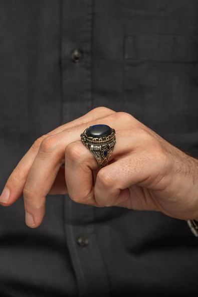 Mavi Kaplan Gözü Taşlı 925 Gümüş Erkek Yüzük - Resim 4