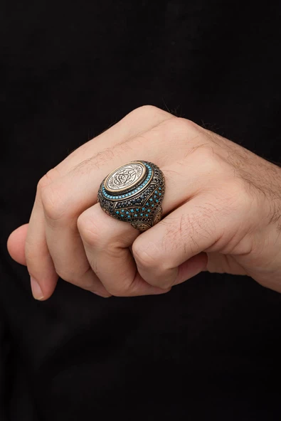 La Galibe İllallah YazılıMavi Taşlı 925 Gümüş Erkek Yüzük - Resim 4