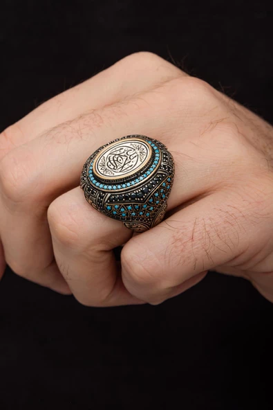 La Galibe İllallah YazılıMavi Taşlı 925 Gümüş Erkek Yüzük - Resim 2