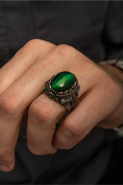 Yeşil Kaplan Gözü Taşlı 925 Gümüş Erkek Yüzük - Resim 7