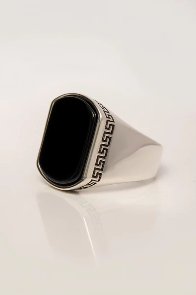 Siyah Oniks Taşlı Grek Desenli 925 Gümüş Erkek Yüzük - Resim 6