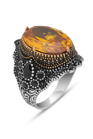 Sarı Zirkon Taşlı 925 Gümüş Erkek Yüzük - Resim 2