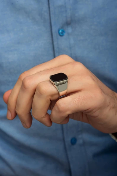 Siyah Oniks Taşlı Grek Desenli 925 Gümüş Erkek Yüzük - Resim 4