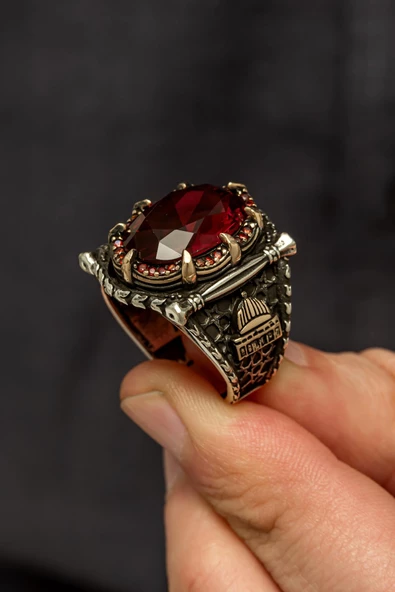 Kubbetüs Sahre Kırmızı Taşlı 925 Gümüş Erkek Yüzük - Resim 4