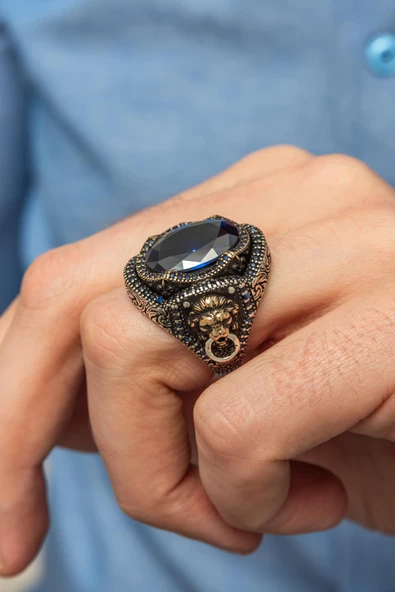 Parlament Mavisi Taşlı Aslan Kapı Tokmak Motifli 925 Gümüş Erkek Yüzük - Resim 5