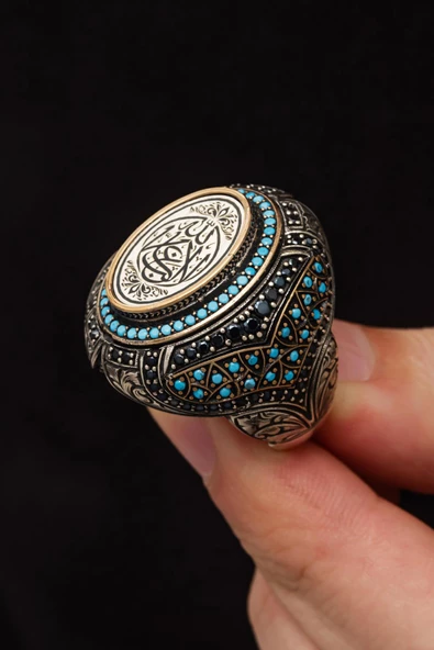 La Galibe İllallah YazılıMavi Taşlı 925 Gümüş Erkek Yüzük - Resim 5