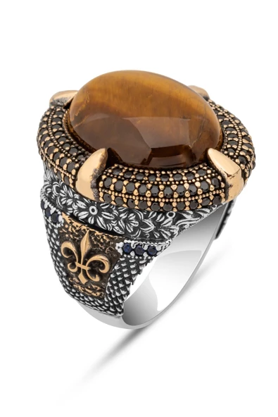 Kaplan Gözü Taşlı 925 Gümüş Erkek Yüzük - Resim 3