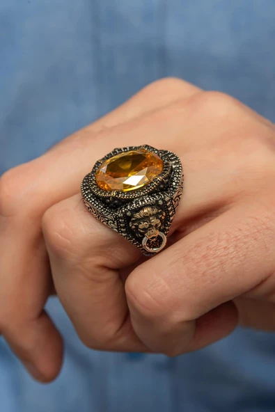 Aslan Başı Tokmak Motif Taşlı 925 Gümüş Erkek Yüzük - 6