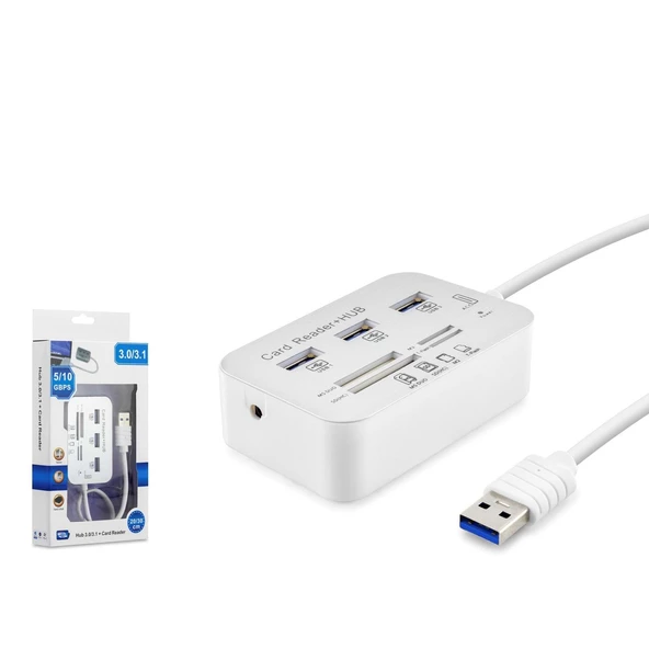 Hadron HDX7028 USB-A 3.1 - 3xUSB 3.0 Hub + MS/SD/M2/TF Kart Okuyuculu USB Çoklayıcı Döştürücü - Siyah