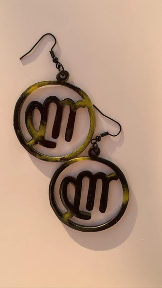 Siyah Sarı Renkli Ebruli Yuvarlak Şekil Başak Burcu Siyah Aksesuarlı Epoksi Küpe El Yapımı Hediyelik - Resim 5