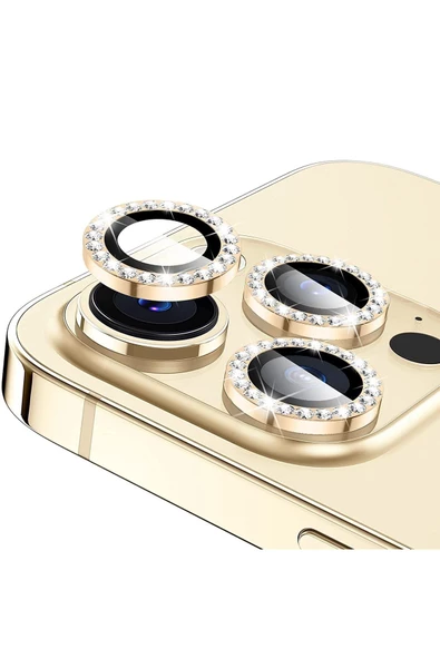 Powerfox Iphone 13/13 Mini Uyumlu Alüminyum Alaşım Gerçek Taşlı Kamera Lens Koruyucu (2'li Set) Gold