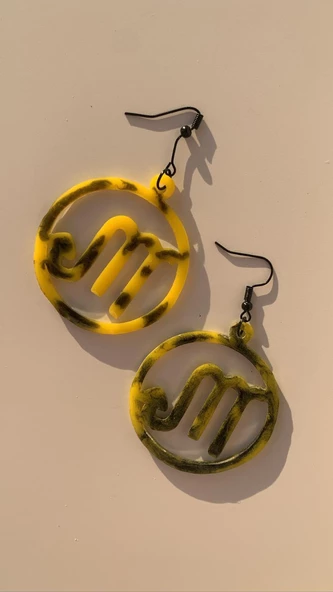 Siyah Sarı Renkli Ebruli Yuvarlak Şekil Akrep Burcu Siyah Aksesuarlı Epoksi Küpe El Yapımı Hediyelik - 7