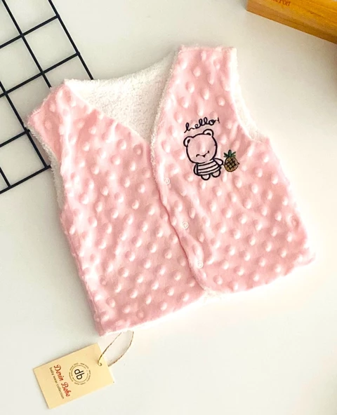 Neşeli Bebekler Ayıcık Nakışlı Dışı Nohut İçi Welsoft Yelek Pembe - 2