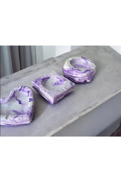 Mermer Desenli Dekoratif Küllük Kül Tablası 3'lü Set  Mor - 1