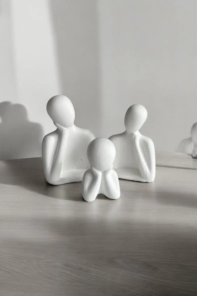 Üçlü Aile Dekoratif Obje Biblo + Oval Tabak (8 cm-7 cm-6 cm)  Beyaz - 2