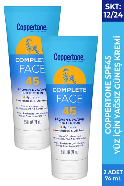 Coppertone Complete Yağsız Yüz İçin SPF45 Güneş Kremi 2x74ML