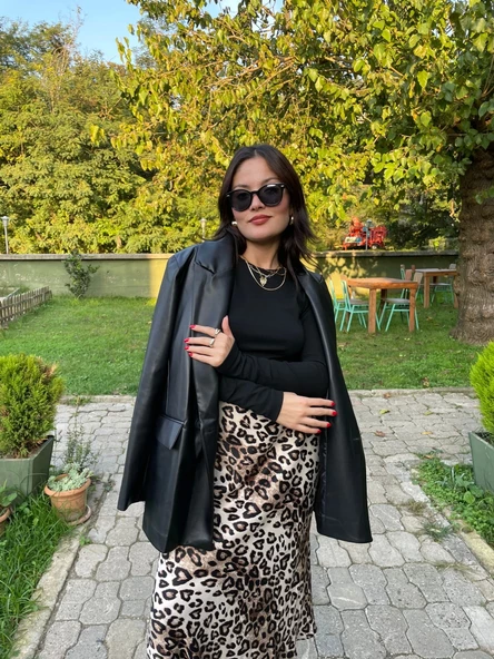 Kadın Kruvaze Yaka Çift Düğmeli Deri Ceket Siyah - 3