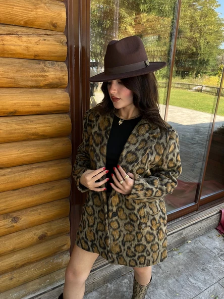Kadın Leopar Desen Kaşe Ceket - 5