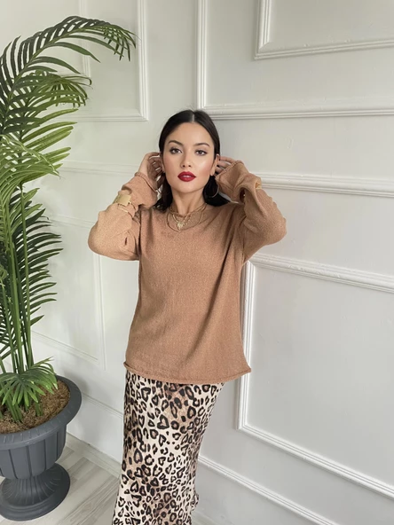 Kadın Açık Yaka Uzun Kol Triko Camel - Resim 3