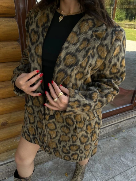 Kadın Leopar Desen Kaşe Ceket - 2