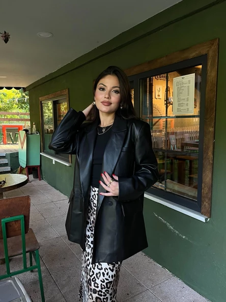 Kadın Kruvaze Yaka Çift Düğmeli Deri Ceket Siyah - 2