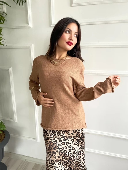 Kadın Açık Yaka Uzun Kol Triko Camel - Resim 2