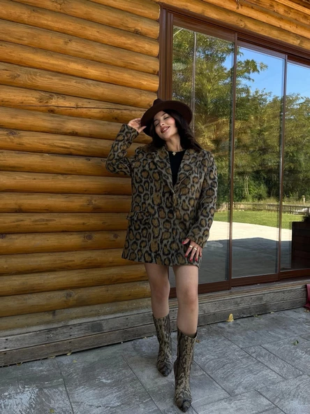 Kadın Leopar Desen Kaşe Ceket - 4