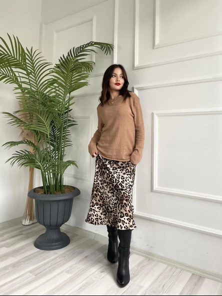 Kadın Açık Yaka Uzun Kol Triko Camel - Resim 6