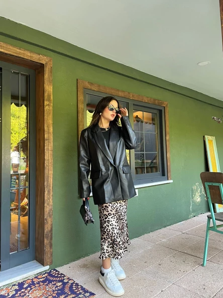 Kadın Kruvaze Yaka Çift Düğmeli Deri Ceket Siyah - 5