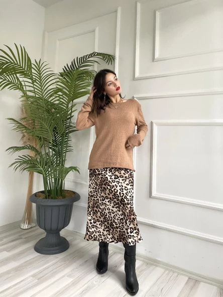 Kadın Açık Yaka Uzun Kol Triko Camel - Resim 7