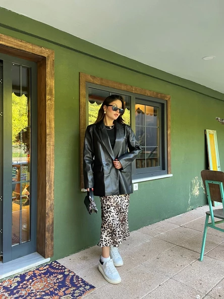 Kadın Kruvaze Yaka Çift Düğmeli Deri Ceket Siyah - 6