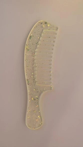 Transparan Sarı Renkli Gold Simle Süslenmiş Epoksi Tarak El Yapımı Hediyelik - 7