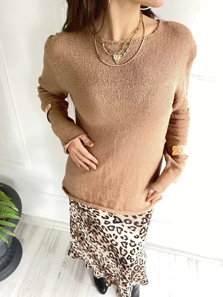 Kadın Açık Yaka Uzun Kol Triko Camel - Resim 5