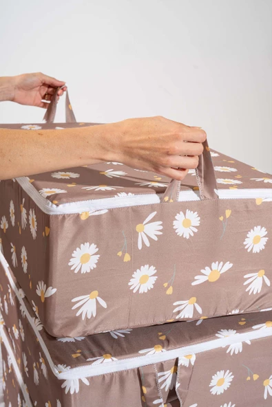 Rivaİstanbul Kahve Papatya Desenli Fermuarlı 6'lı Hurç Seti Bazaaltı Ve Çekyat Hurç - Resim 3