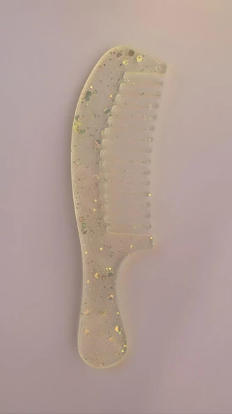 Transparan Sarı Renkli Gold Simle Süslenmiş Epoksi Tarak El Yapımı Hediyelik - 5