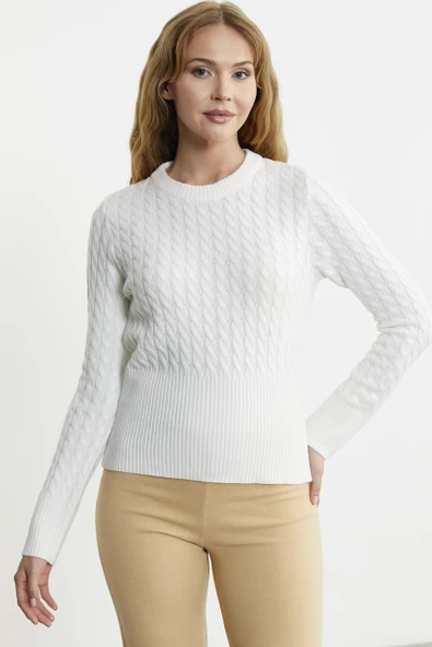 Saç Örgü Beli Oturmalı Triko Kazak - Kemik - Resim 4