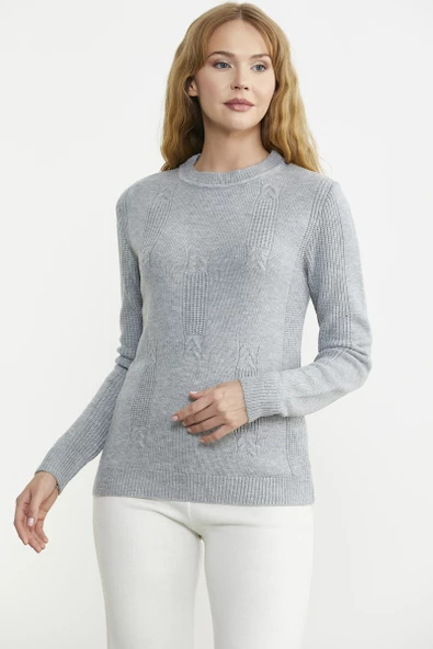 Sıfır Yaka Desenli Triko Kazak - Gri - Resim 3