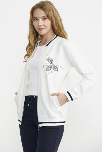 Fermuarlı Triko Kombinli Eşofman Takım - Ekru - Resim 4