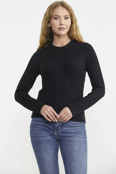 Saç Örgü Beli Oturmalı Triko Kazak - Siyah - Resim 2