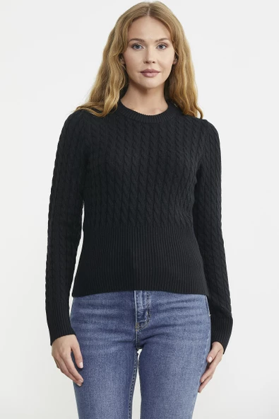 Saç Örgü Beli Oturmalı Triko Kazak - Siyah - Resim 5