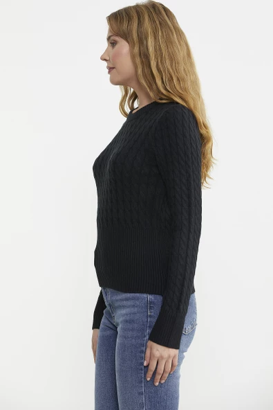 Saç Örgü Beli Oturmalı Triko Kazak - Siyah - Resim 4