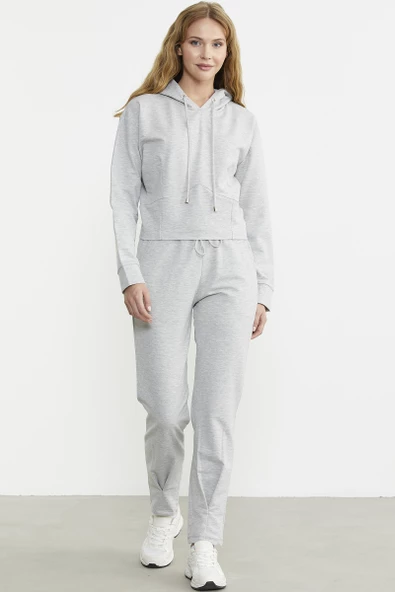 Kapüşonlu Dikiş Detaylı Eşofman Takım - Gri ürün görseli 1