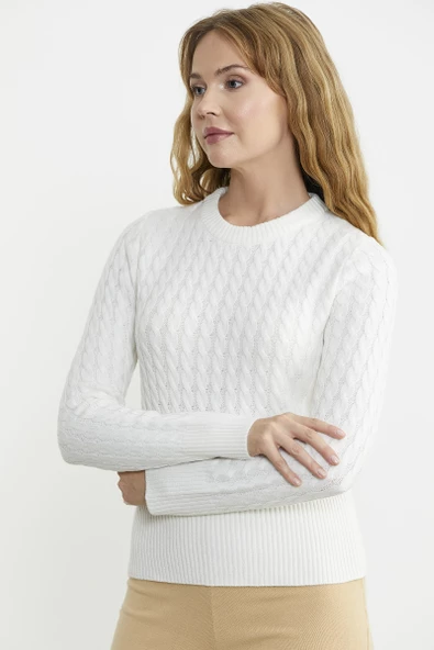 Saç Örgü Beli Oturmalı Triko Kazak - Kemik - Resim 3