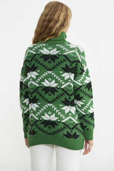 Tam Balıkçı Desenli Triko Kazak - Yeşil - Resim 5